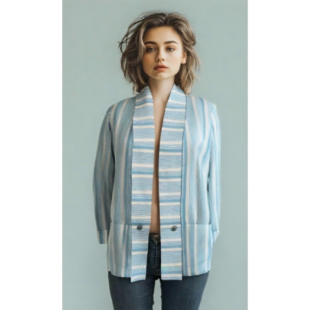 Vintage 70s Pykettes Stripe Blazer Open Front Pocket Lightweight Blue Size Small